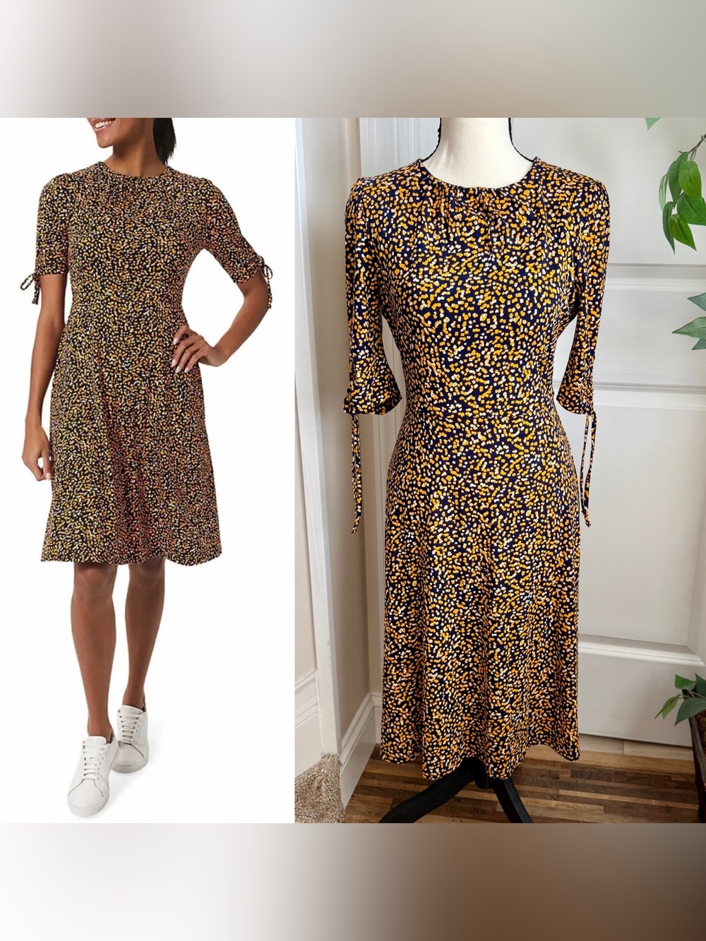 Hobbs London Samantha Abstract Print Tie Sleeve Dress Yellow Sz 4
